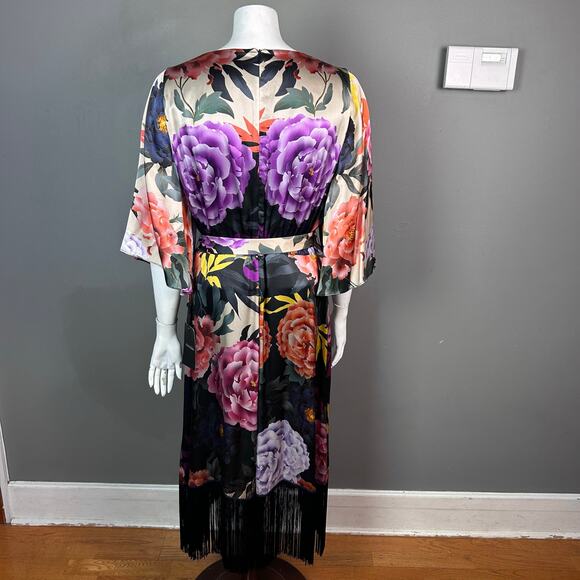 Kobi Halperin Wrap Dress XL Floral Silk-Blend Faux Kimono NWT Asian Fringe Boho - Picture 11 of 16